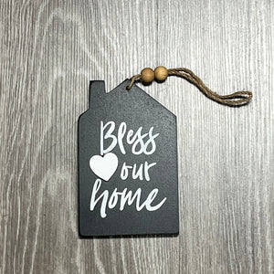 BLESS OUR HOME WOOD / BEAD ORNAMENT 4" X 6"