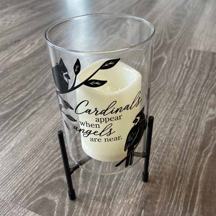 MEMORIAL GLASS HURRICANE WITH STAND ( CARDINAL)
